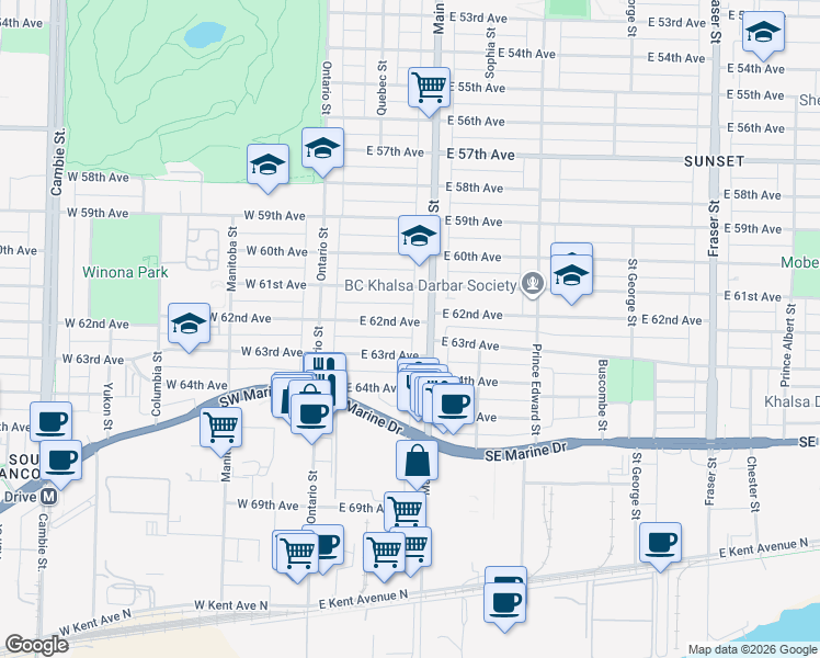 map of restaurants, bars, coffee shops, grocery stores, and more near 180 East 62nd Avenue in Vancouver