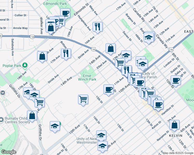 map of restaurants, bars, coffee shops, grocery stores, and more near 7310 13th Avenue in Burnaby