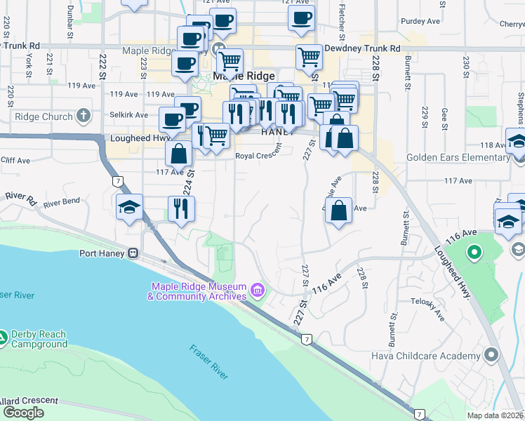 map of restaurants, bars, coffee shops, grocery stores, and more near 22515 116 Ave in Maple Ridge