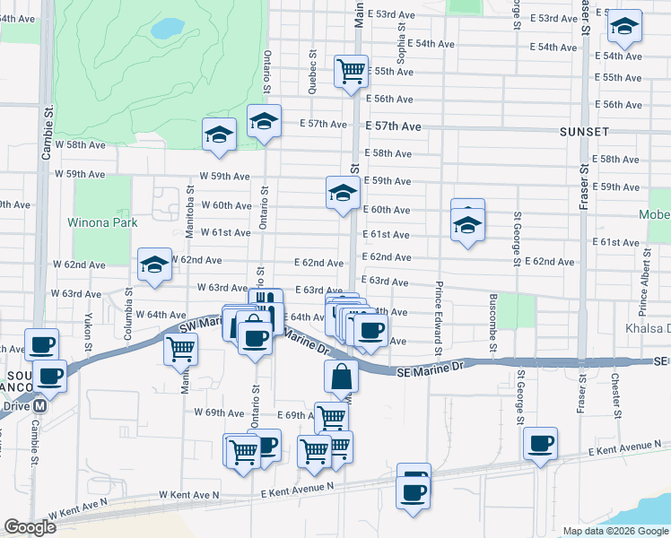 map of restaurants, bars, coffee shops, grocery stores, and more near 180 East 62nd Avenue in Vancouver