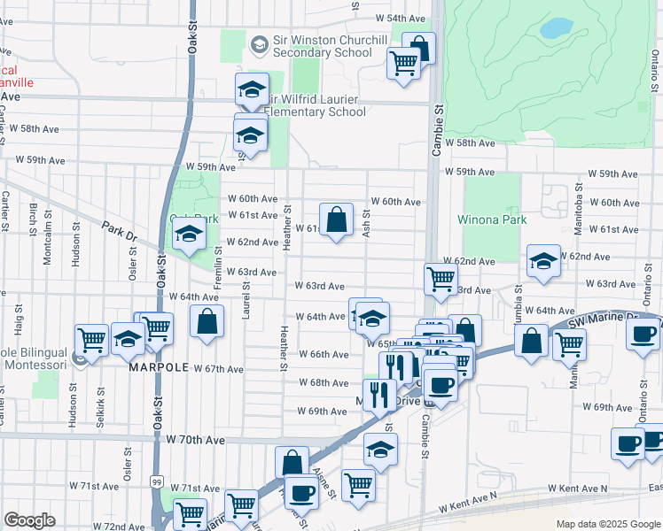 map of restaurants, bars, coffee shops, grocery stores, and more near 736 West 62nd Avenue in Vancouver