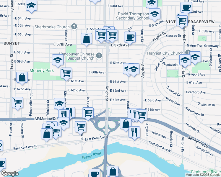map of restaurants, bars, coffee shops, grocery stores, and more near 1423 East 62nd Avenue in Vancouver