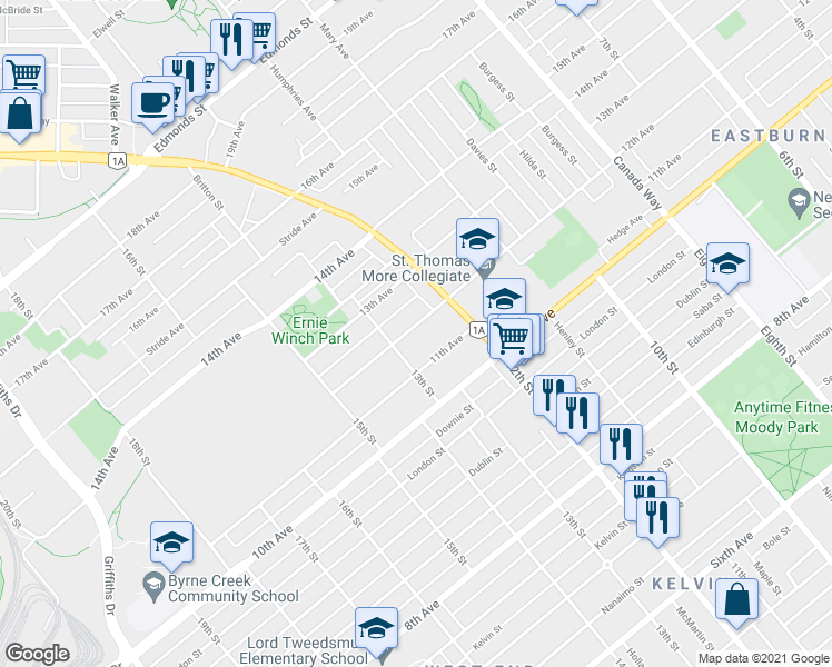 map of restaurants, bars, coffee shops, grocery stores, and more near 7356 12th Avenue in Burnaby