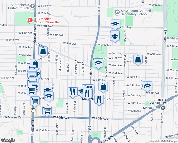 map of restaurants, bars, coffee shops, grocery stores, and more near 7871 Oak Street in Vancouver