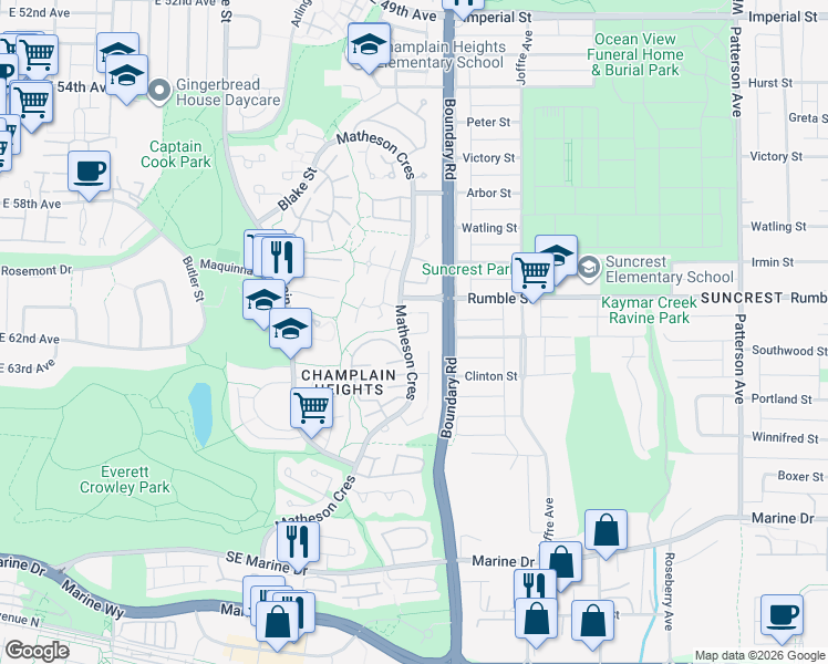 map of restaurants, bars, coffee shops, grocery stores, and more near 7711 Teakwood Place in Vancouver