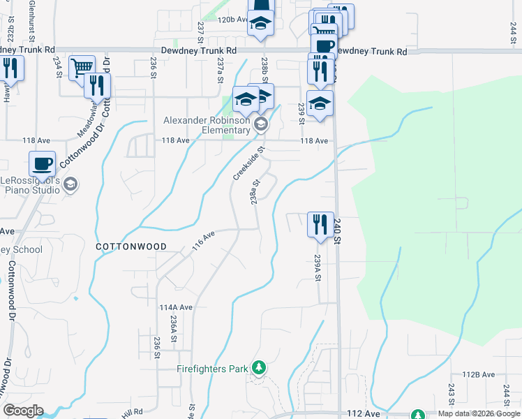 map of restaurants, bars, coffee shops, grocery stores, and more near 11634 238A Street in Maple Ridge