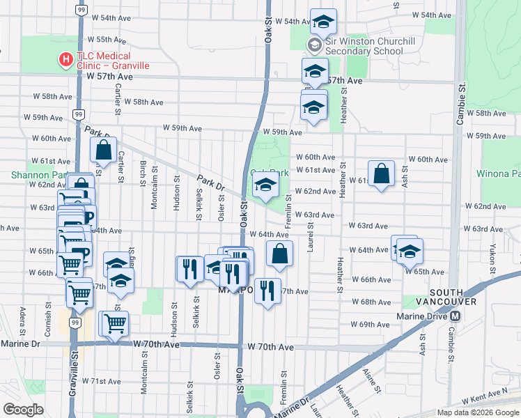 map of restaurants, bars, coffee shops, grocery stores, and more near 7815 Shaughnessy Street in Vancouver