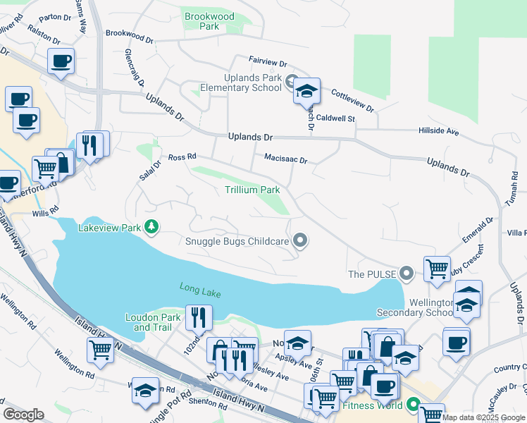 map of restaurants, bars, coffee shops, grocery stores, and more near 711 Starling Place in Nanaimo