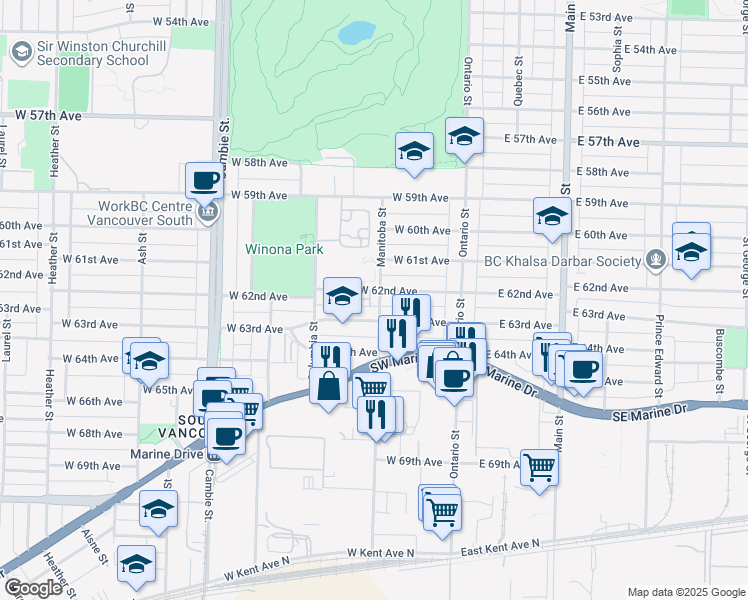 map of restaurants, bars, coffee shops, grocery stores, and more near 7837 Manitoba Street in Vancouver