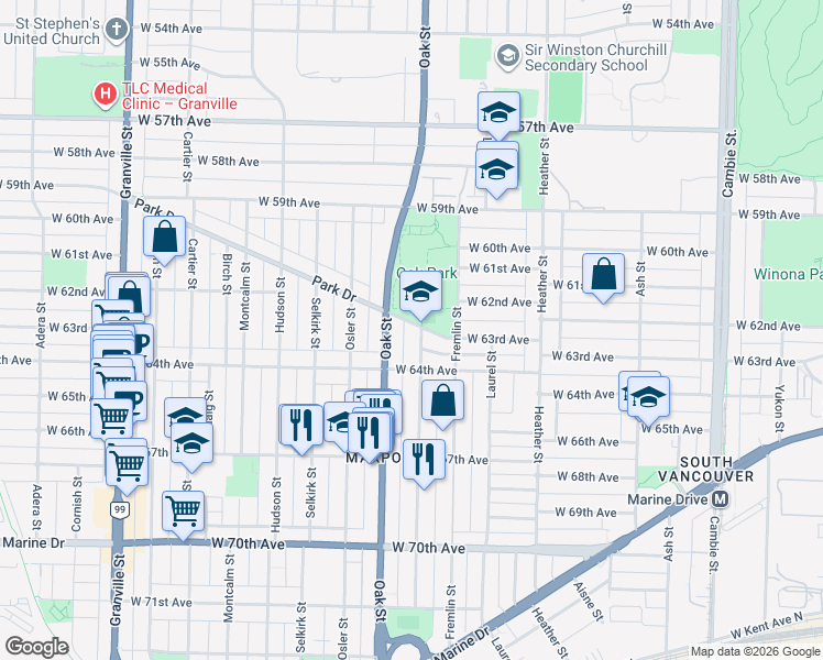 map of restaurants, bars, coffee shops, grocery stores, and more near 7813 Shaughnessy Street in Vancouver