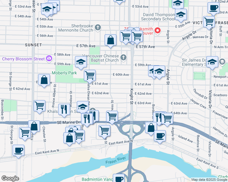 map of restaurants, bars, coffee shops, grocery stores, and more near 1315 East 62nd Avenue in Vancouver