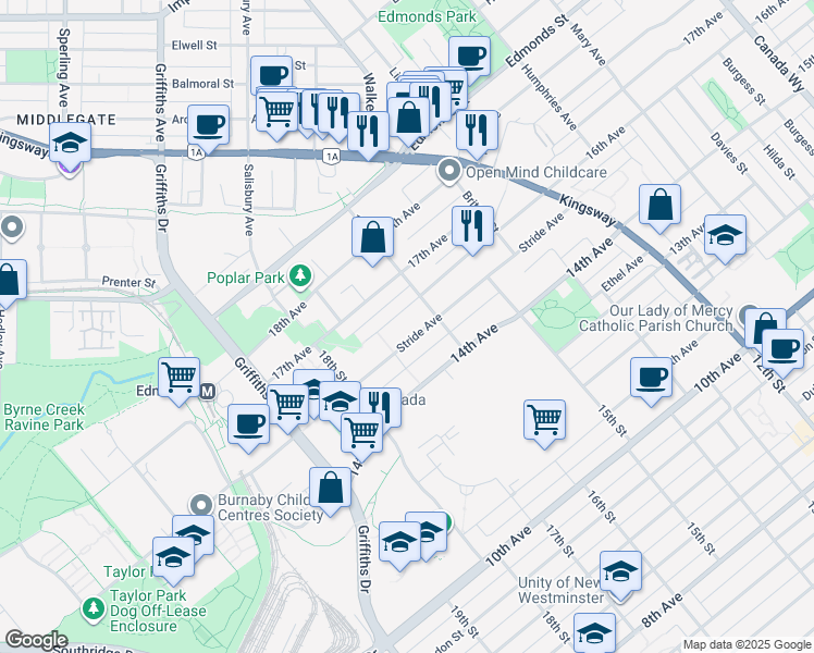 map of restaurants, bars, coffee shops, grocery stores, and more near 7159 Stride Avenue in Burnaby