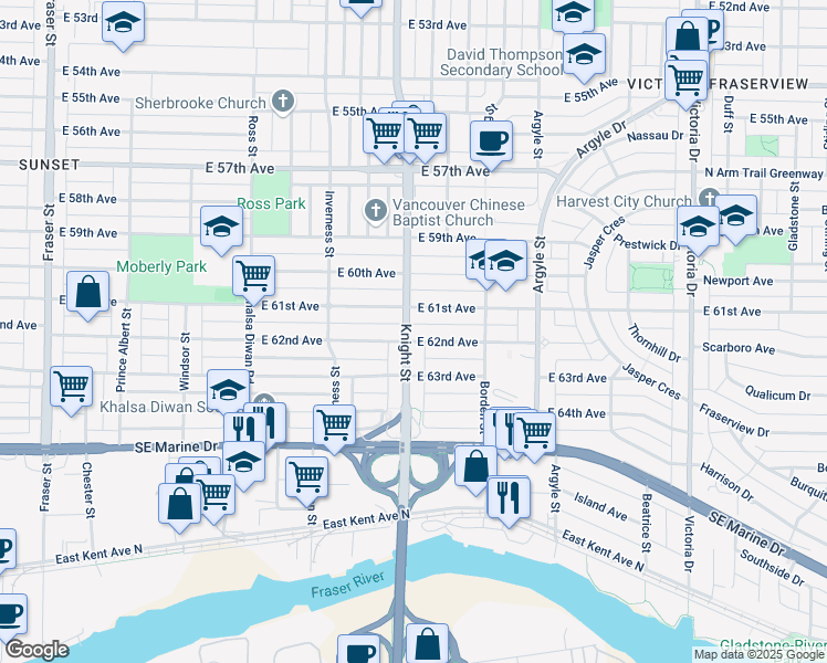 map of restaurants, bars, coffee shops, grocery stores, and more near 1407 East 62nd Avenue in Vancouver
