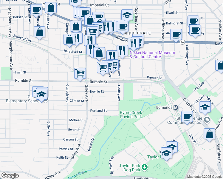 map of restaurants, bars, coffee shops, grocery stores, and more near 6537 Neville Street in Burnaby