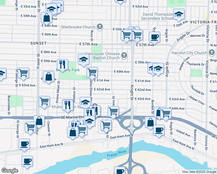 map of restaurants, bars, coffee shops, grocery stores, and more near 1275 East 62nd Avenue in Vancouver