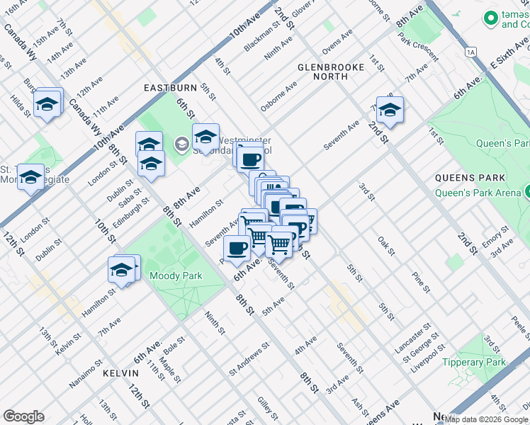 map of restaurants, bars, coffee shops, grocery stores, and more near in New Westminster