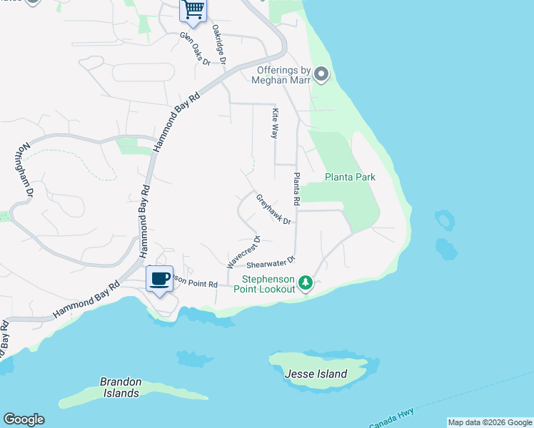 map of restaurants, bars, coffee shops, grocery stores, and more near 3336 Greyhawk Drive in Nanaimo