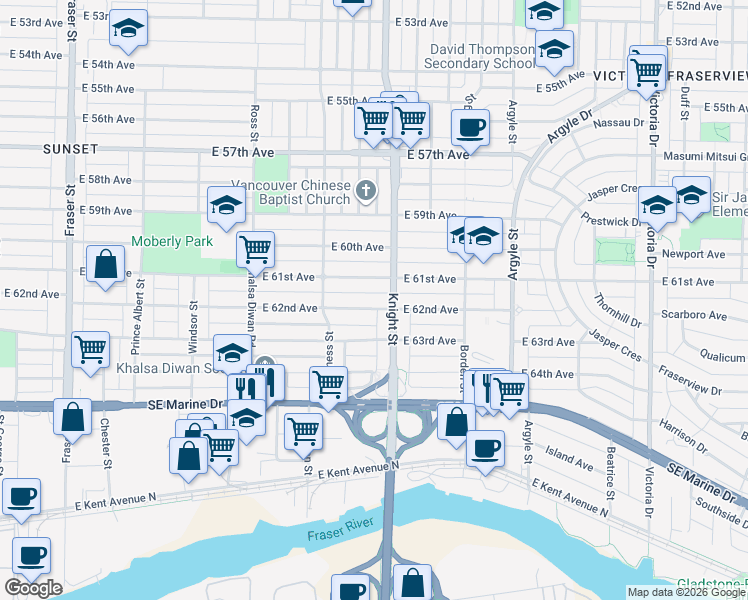 map of restaurants, bars, coffee shops, grocery stores, and more near 1375 East 62nd Avenue in Vancouver