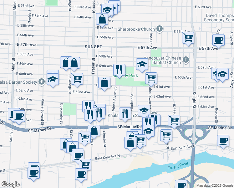 map of restaurants, bars, coffee shops, grocery stores, and more near 7798 Prince Albert Street in Vancouver