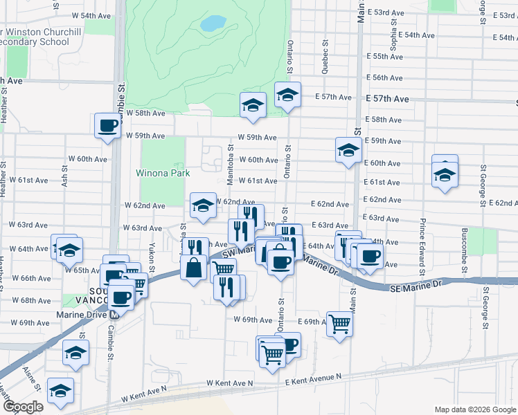 map of restaurants, bars, coffee shops, grocery stores, and more near 76 West 62nd Avenue in Vancouver