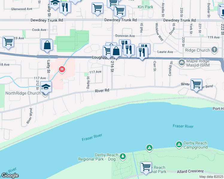 map of restaurants, bars, coffee shops, grocery stores, and more near 21592 River Road in Maple Ridge