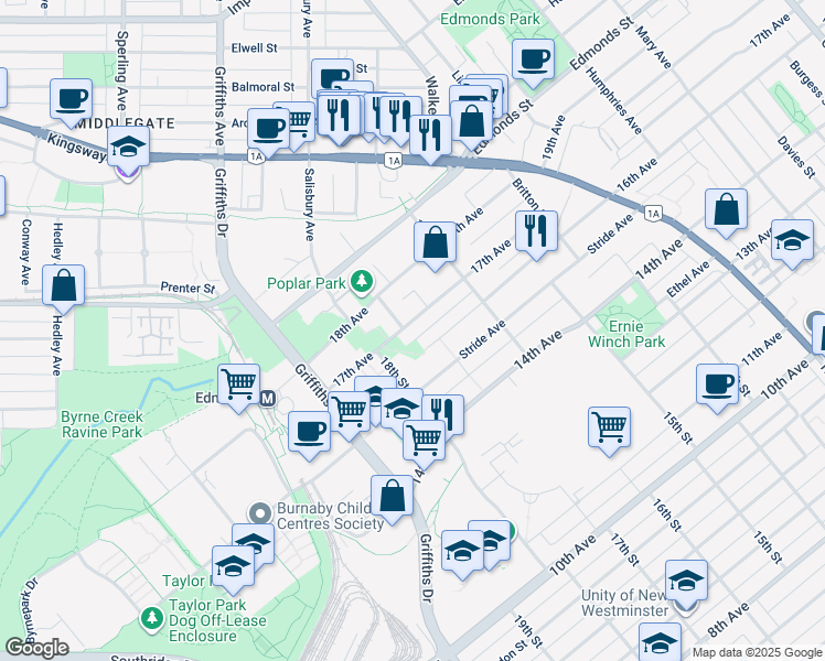 map of restaurants, bars, coffee shops, grocery stores, and more near 7134 17th Avenue in Burnaby