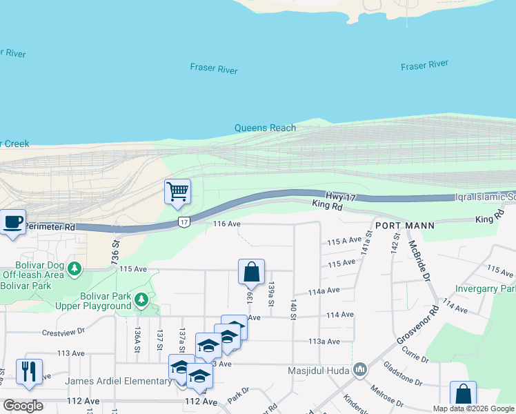map of restaurants, bars, coffee shops, grocery stores, and more near 13925 116 Avenue in Surrey