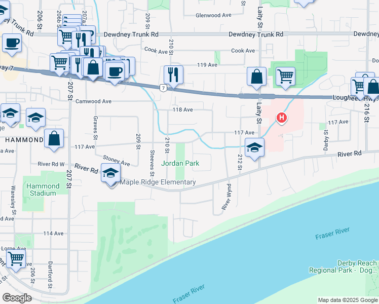 map of restaurants, bars, coffee shops, grocery stores, and more near 11671 211 Street in Maple Ridge