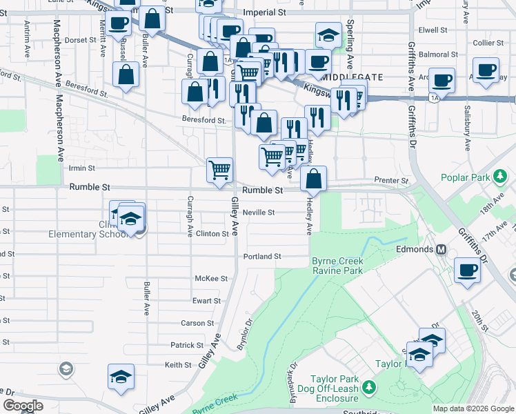 map of restaurants, bars, coffee shops, grocery stores, and more near 6391 Neville Street in Burnaby