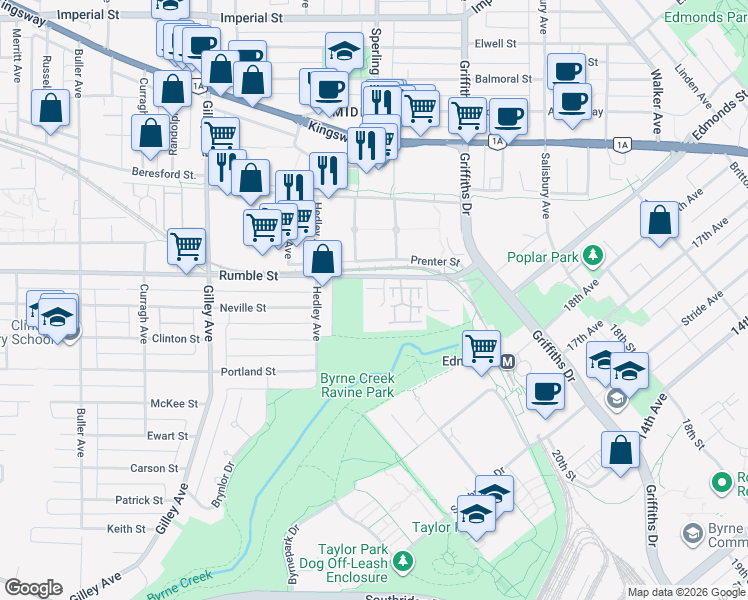 map of restaurants, bars, coffee shops, grocery stores, and more near 6670 Rumble Street in Burnaby