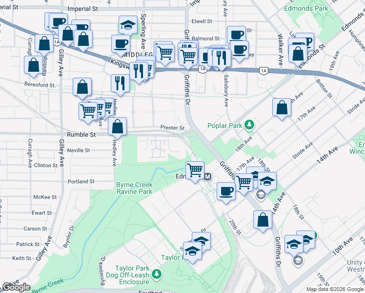 map of restaurants, bars, coffee shops, grocery stores, and more near 6888 Rumble Street in Burnaby