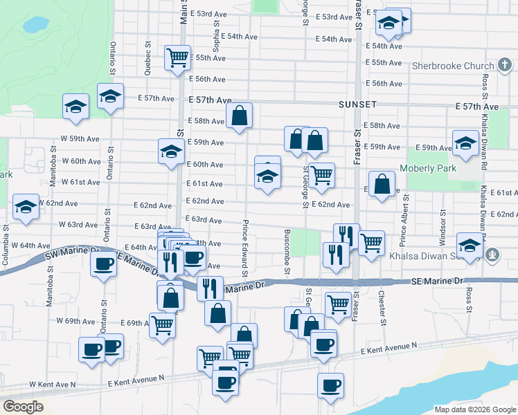 map of restaurants, bars, coffee shops, grocery stores, and more near 428 East 62nd Avenue in Vancouver