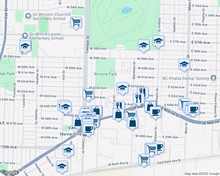 map of restaurants, bars, coffee shops, grocery stores, and more near 334 West 62nd Avenue in Vancouver