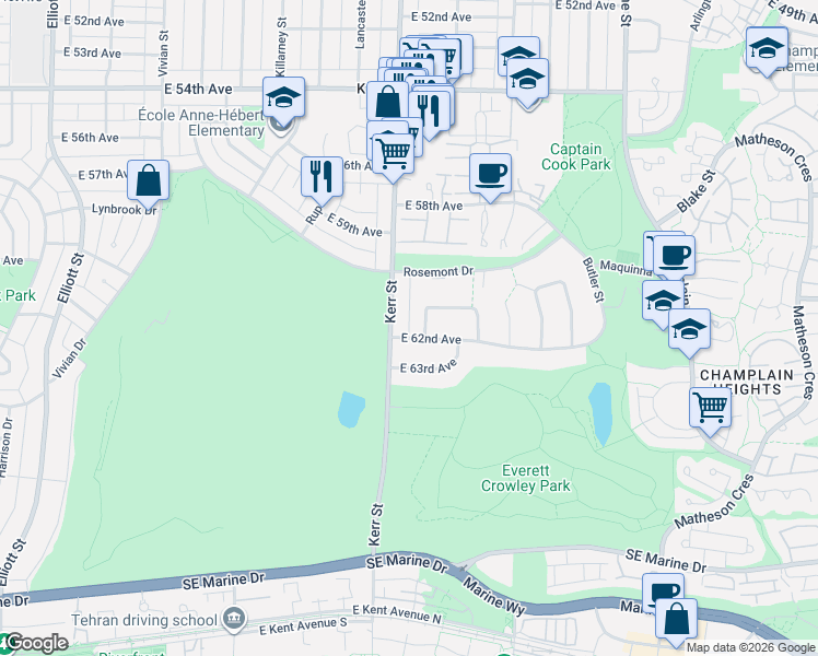 map of restaurants, bars, coffee shops, grocery stores, and more near 7766 Kerr Street in Vancouver
