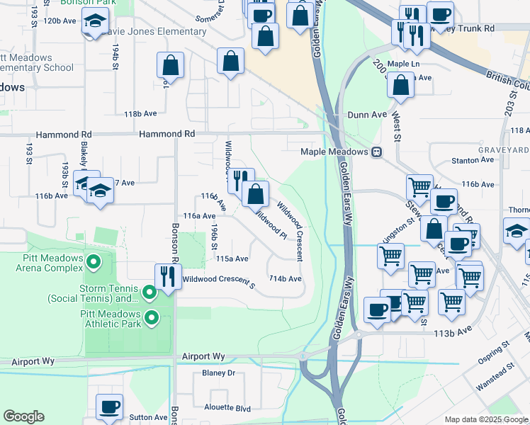 map of restaurants, bars, coffee shops, grocery stores, and more near 19797 Wildwood Place in Pitt Meadows