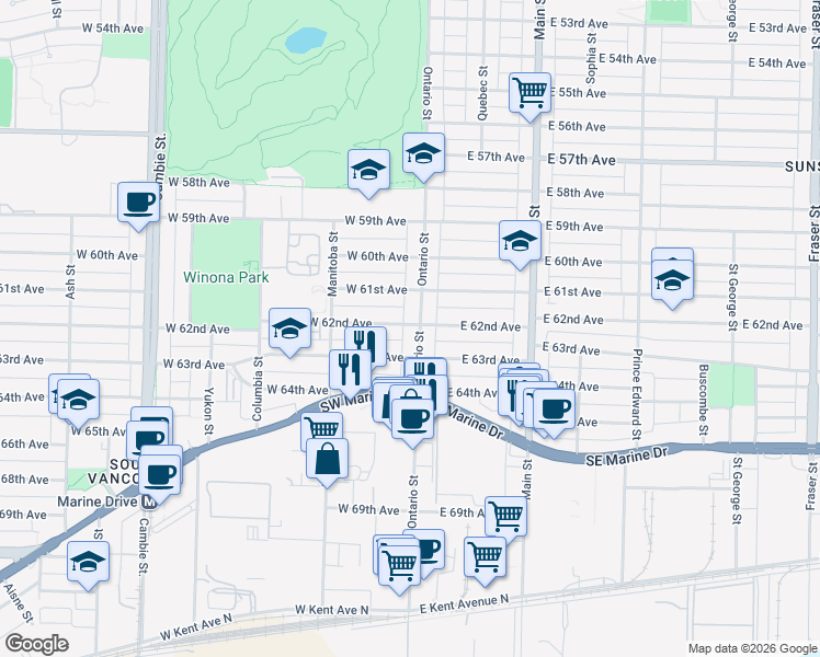 map of restaurants, bars, coffee shops, grocery stores, and more near 18 West 62nd Avenue in Vancouver