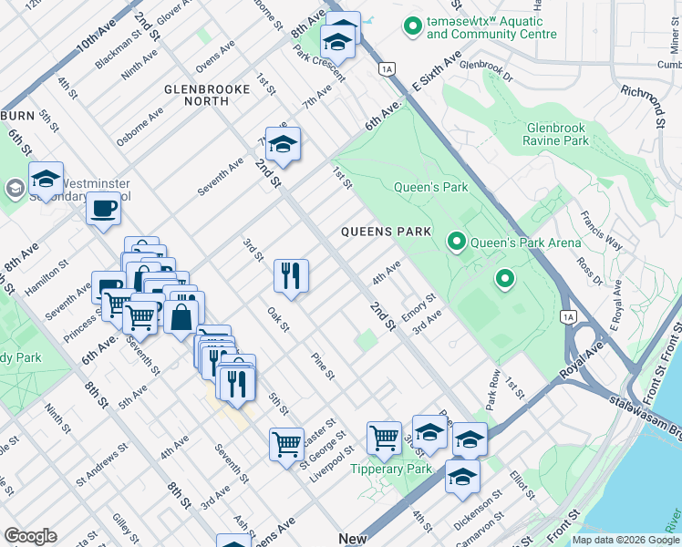 map of restaurants, bars, coffee shops, grocery stores, and more near 416 2nd Street in New Westminster