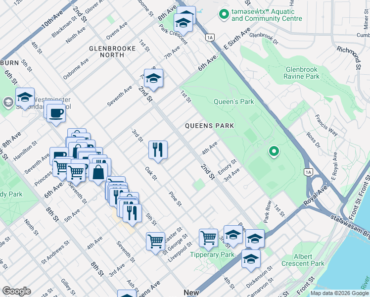 map of restaurants, bars, coffee shops, grocery stores, and more near 416 2nd Street in New Westminster