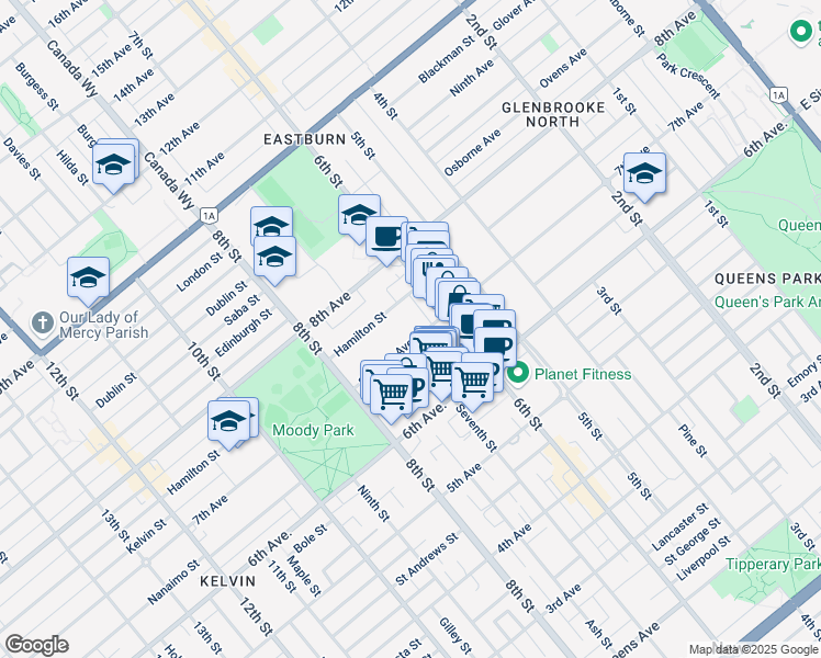 map of restaurants, bars, coffee shops, grocery stores, and more near 710 Seventh Avenue in New Westminster