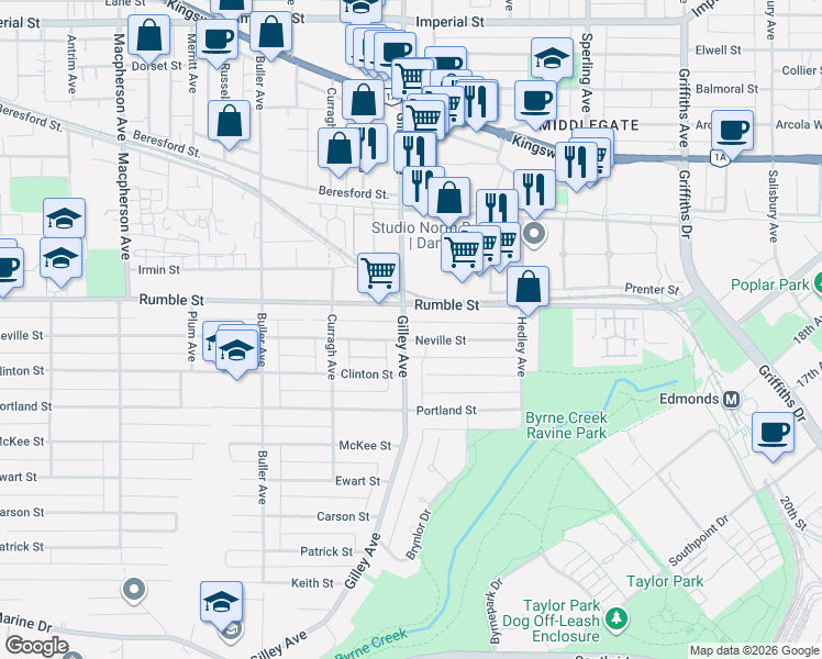 map of restaurants, bars, coffee shops, grocery stores, and more near 7738 Gilley Avenue in Burnaby