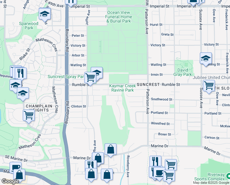 map of restaurants, bars, coffee shops, grocery stores, and more near 7716 Kaymar Drive in Burnaby