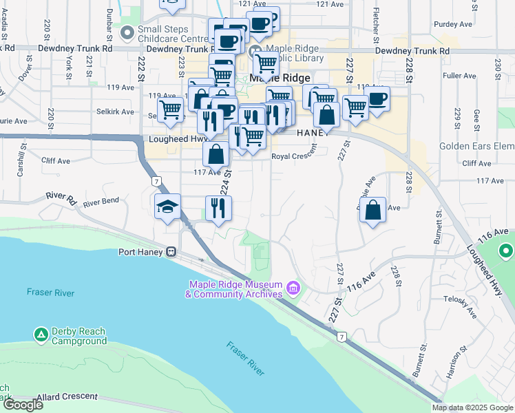 map of restaurants, bars, coffee shops, grocery stores, and more near 22489 Brickwood Close in Maple Ridge