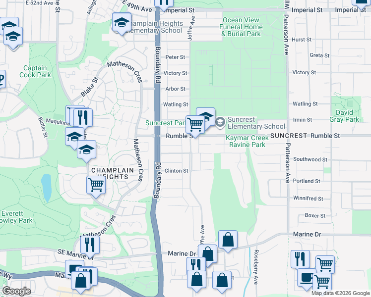 map of restaurants, bars, coffee shops, grocery stores, and more near 7629 Joffre Avenue in Burnaby