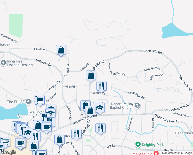 map of restaurants, bars, coffee shops, grocery stores, and more near 3326 Rock City Road in Nanaimo