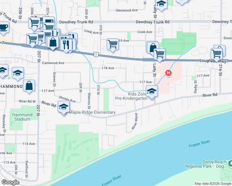 map of restaurants, bars, coffee shops, grocery stores, and more near 11618 211 Street in Maple Ridge