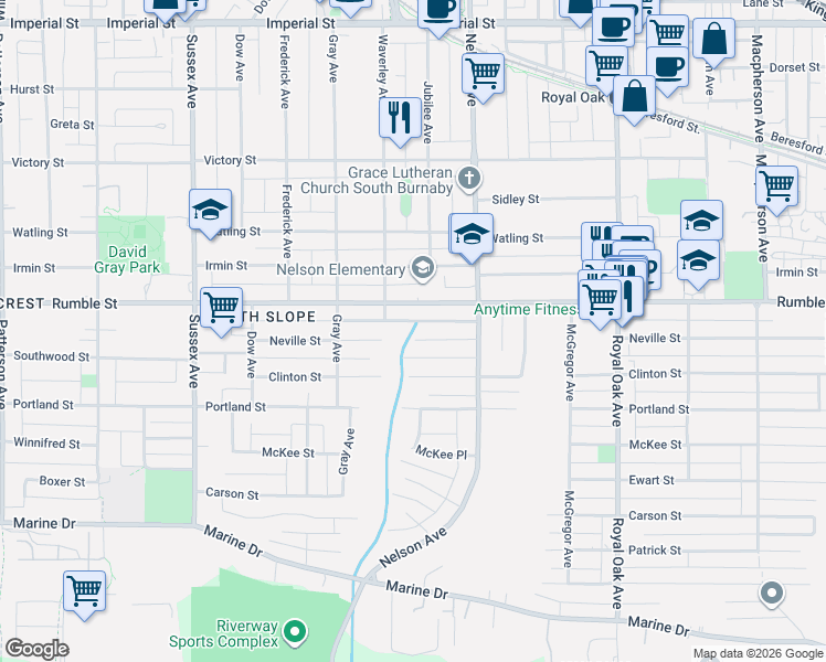 map of restaurants, bars, coffee shops, grocery stores, and more near 4763 Neville Street in Burnaby