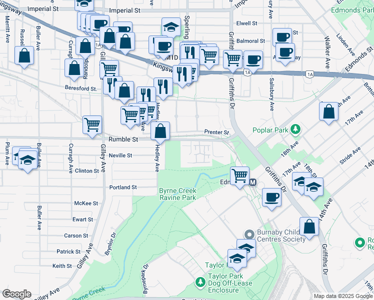 map of restaurants, bars, coffee shops, grocery stores, and more near 6670 Rumble Street in Burnaby