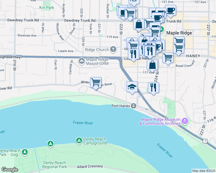 map of restaurants, bars, coffee shops, grocery stores, and more near 22122 River Bend in Maple Ridge