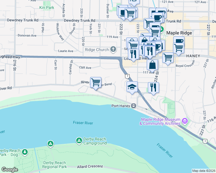 map of restaurants, bars, coffee shops, grocery stores, and more near in Maple Ridge