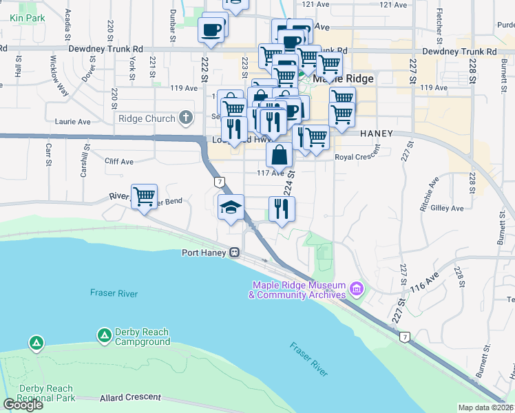 map of restaurants, bars, coffee shops, grocery stores, and more near 22328 Saint Anne Avenue in Maple Ridge